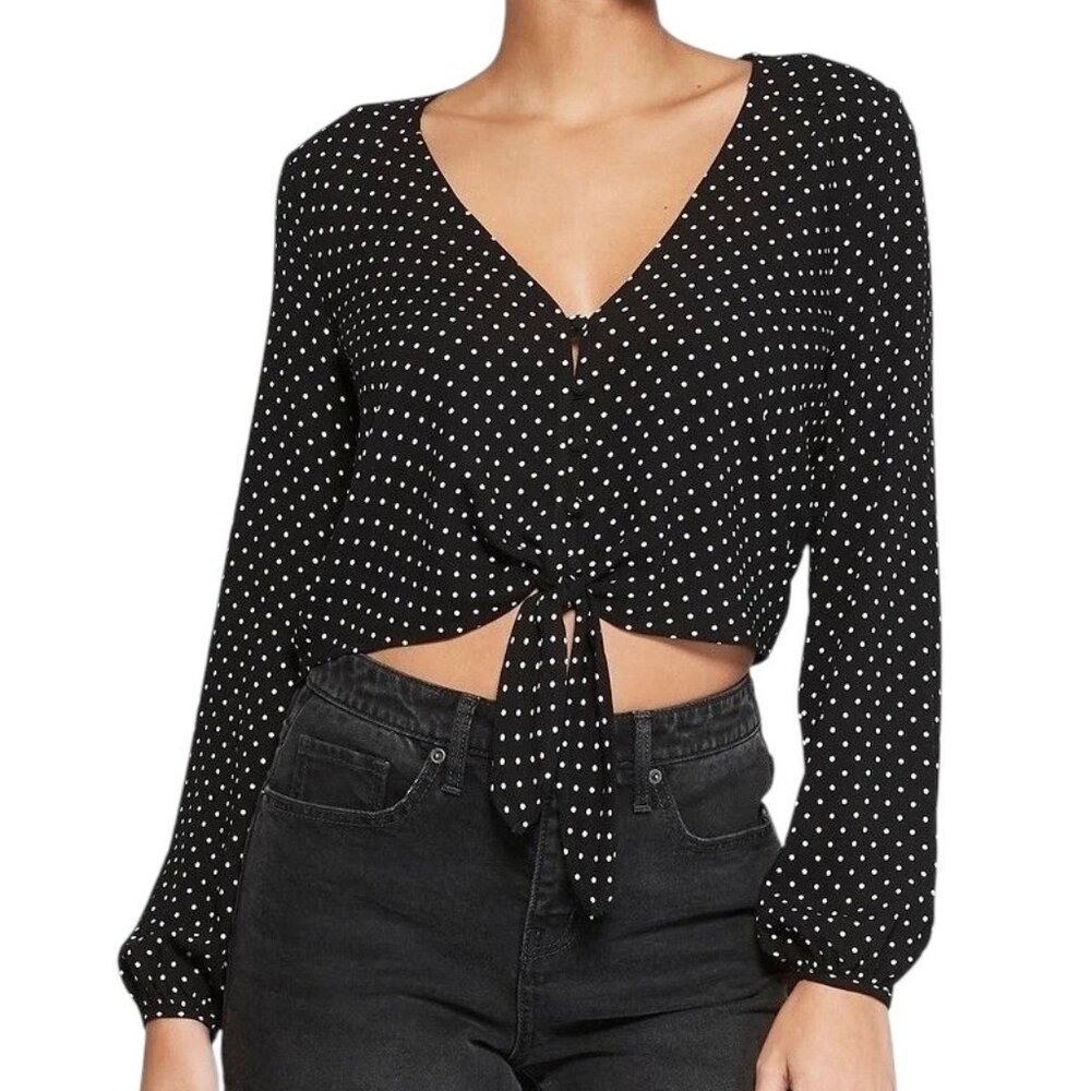 URBAN OUTFITTERS Black Printed Tie-Front Crop Top - Size Small